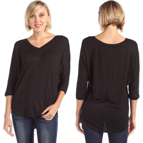 Tops - 3/4 Sleeve High Low V Neck Jersey Soft Top Black L